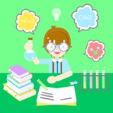 Cute bookworm boy learning concept with colorful text box speech bubble in green background stock illustration Cute bookworm boy learning concept with colorful text box speech bubble in green background stock illustration