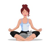 Cute brunette woman doing yoga lotus position with a cat. vector illustration Cute brunette woman doing yoga lotus position with a cat. vector illustration