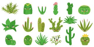 Cute Cactus. Happy Cacti With Kawaii Faces. Isolated Plant Patches, Decorative Cartoon Stickers For Kids. Funny Desert Stock Images
