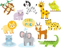 Cute cartoon african animals set. Monkey, rhion, lion and other savannah wildlife for kids and children royalty free illustration Cute cartoon african animals set. Monkey, rhion, lion and other savannah wildlife for kids and children royalty free illustration