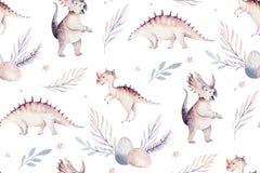 Cute cartoon baby dinosaurs seamless pattern watercolor paper, hand painted dino background texture Jurassic Park . Rex