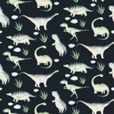 Cute cartoon baby dinosaurs seamless pattern watercolor paper, hand painted dino background texture Jurassic Park . Rex