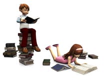 Cute cartoon boy and girl surrounded by books. royalty free illustration Cute cartoon boy and girl surrounded by books. royalty free illustration