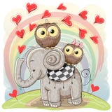 Cute Cartoon Elephant and Two Owls