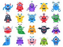 Cute Cartoon Monsters. Comic Halloween Joyful Monster Characters. Funny Devil, Ugly Alien And Smile Creature Flat Vector Royalty Free Stock Images Cute Cartoon Monsters. Comic Halloween Joyful Monster Characters. Funny Devil, Ugly Alien And Smile Creature Flat Vector Royalty Free Stock Images
