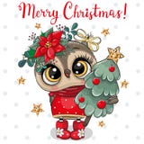 Cute Cartoon Owl with Christmas tree on a white background
