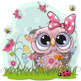 Cute Owl with flowers and butterflies