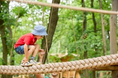Cute child, boy, climbing in a rope playground structure