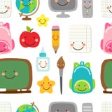 Cute childish seamless pattern Back to School supplies as smiling cartoon characters Stock Images Cute childish seamless pattern Back to School supplies as smiling cartoon characters Stock Images