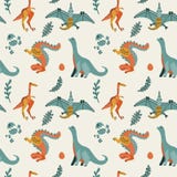 Cute childish seamless vector pattern with dinosaurs t-rex with eggs, decor. Funny cartoon dino pterodactyl. Hand drawn doodle