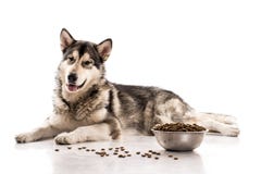 Cute dog and his favorite dry food on a white background Royalty Free Stock Photos Cute dog and his favorite dry food on a white background Royalty Free Stock Photos