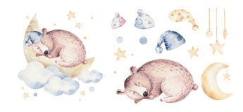 Cute dreaming cartoon bear animal hand drawn watercolor illustration. Sleeping charecher kids nursery wear fashion