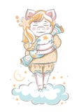 Cute dreaming girl pig with candy in hands in pajama in peas and lace. stock illustration Cute dreaming girl pig with candy in hands in pajama in peas and lace. stock illustration