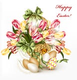Cute Easter Greeting Card With Basket Full Of Realistic Tulips Stock Photos