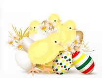 Cute Easter Greeting Card With Chikens And Eggs Royalty Free Stock Image