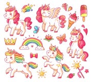 Cute flying baby rainbow unicorn with gold stars and sweet ice creams. Magic little pony fantasy unicorns cartoon vector stock illustration Cute flying baby rainbow unicorn with gold stars and sweet ice creams. Magic little pony fantasy unicorns cartoon vector stock illustration