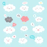 Cute fluffy clouds with cartoon emoji faces, emotions royalty free illustration Cute fluffy clouds with cartoon emoji faces, emotions royalty free illustration