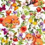 Cute foxes animals, summer meadow flowers and butterflies. Ditsy repeating floral pattern. Watercolor vector illustration Cute foxes animals, summer meadow flowers and butterflies. Ditsy repeating floral pattern. Watercolor vector illustration