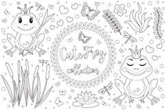 Cute frog princess Coloring book page for kids. Collection of design element with marsh reeds, flowers, plants royalty free illustration Cute frog princess Coloring book page for kids. Collection of design element with marsh reeds, flowers, plants royalty free illustration