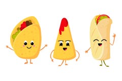 Cute Funny Corn Taco, Burrito And Nachos With Smile In Face. Fresh Lunch Mexican Food Vector Set Stock Photography