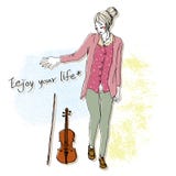 Cute Girl Sketch With Violin Background Stock Photo