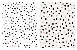 Cute Hand Drawn Abstract Brush Irregular Dots Vector Pattern Set. Pink, Black, Grey and White Bright Design.