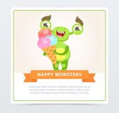 Cute happy green monster holding ice cream, happy monsters banner cartoon vector element for website or mobile app vector illustration Cute happy green monster holding ice cream, happy monsters banner cartoon vector element for website or mobile app vector illustration
