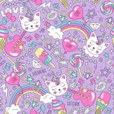 Cute kitten unicorn pattern on a lilac background. Colorful trendy seamless pattern. Fashion illustration drawing in modern style stock illustration Cute kitten unicorn pattern on a lilac background. Colorful trendy seamless pattern. Fashion illustration drawing in modern style stock illustration