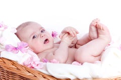 Cute Little Baby Girl Lying In The Basket Royalty Free Stock Photo