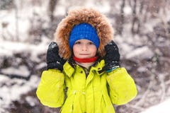 Cute Little Boy Walking Under The Snow. Happy Smiling Boy In Winter Clothes. Snowy Winter Weather. Beautiful Winter Park. Kid Royalty Free Stock Image Cute Little Boy Walking Under The Snow. Happy Smiling Boy In Winter Clothes. Snowy Winter Weather. Beautiful Winter Park. Kid Royalty Free Stock Image