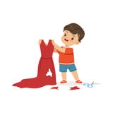 Cute little bully boy cutting red mothers dress, hoodlum cheerful little kid, bad child behavior vector Illustration stock illustration Cute little bully boy cutting red mothers dress, hoodlum cheerful little kid, bad child behavior vector Illustration stock illustration