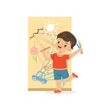 Cute little bully boy drawing on the wall, hoodlum cheerful little kid, bad child behavior vector Illustration vector illustration Cute little bully boy drawing on the wall, hoodlum cheerful little kid, bad child behavior vector Illustration vector illustration
