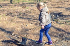 Cute little caucasian blond girl walking on wooden log in forest. Adorable child having fun during walk in park in bright sunny stock photos Cute little caucasian blond girl walking on wooden log in forest. Adorable child having fun during walk in park in bright sunny stock photos