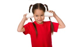 Cute little child girl playing with paper cups stock photography Cute little child girl playing with paper cups stock photography