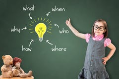 Cute little girl wearing business dress and analyzing problem and find solution, on green chalk board. Stock Images Cute little girl wearing business dress and analyzing problem and find solution, on green chalk board. Stock Images