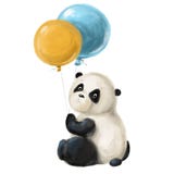 cute little panda with balloons, children&#x27;s illustration with cartoon character, holiday watercolor clipart