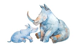 Cute little rhinoceros with his mom isolated on white background. royalty free illustration Cute little rhinoceros with his mom isolated on white background. royalty free illustration