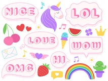 Cute lol stickers. Wow, omg and nice girls doll sticker. Funny surprise pink patches with dotted texture isolated vector royalty free illustration Cute lol stickers. Wow, omg and nice girls doll sticker. Funny surprise pink patches with dotted texture isolated vector royalty free illustration