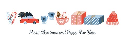 Cute Merry Christmas and Happy New Year greeting banner. Collection of hand drawn christmas illustrations. Vector design template vector illustration Cute Merry Christmas and Happy New Year greeting banner. Collection of hand drawn christmas illustrations. Vector design template vector illustration