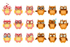 Cute owls set, funny owlets with various emotions vector Illustration stock illustration Cute owls set, funny owlets with various emotions vector Illustration stock illustration