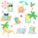 Cute pet animals taking rest on beach vector icons stock illustration Cute pet animals taking rest on beach vector icons stock illustration