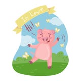 Cute pig character saying Hi while walking in summer day, In love vector Illustration in cartoon style, design element Royalty Free Stock Photo Cute pig character saying Hi while walking in summer day, In love vector Illustration in cartoon style, design element Royalty Free Stock Photo