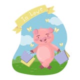 Cute pig character walking with shopping bags in summer day, In love vector Illustration in cartoon style, design Royalty Free Stock Image Cute pig character walking with shopping bags in summer day, In love vector Illustration in cartoon style, design Royalty Free Stock Image