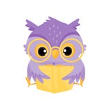 Cute purple wise owl bird reading a book, school education and knowledge vector Illustration stock illustration Cute purple wise owl bird reading a book, school education and knowledge vector Illustration stock illustration
