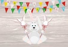 Cute rabbit with easter bunnies on a stick with red bows. Garland of multi-colored flags. Invitation to a holiday. Vector on wood. En background. Free space for royalty free illustration Cute rabbit with easter bunnies on a stick with red bows. Garland of multi-colored flags. Invitation to a holiday. Vector on wood. En background. Free space for royalty free illustration