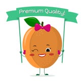Cute ripe apricot cartoon character with a rose bow and earrings. Smiles and holds a premium quality poster. Logo royalty free illustration Cute ripe apricot cartoon character with a rose bow and earrings. Smiles and holds a premium quality poster. Logo royalty free illustration