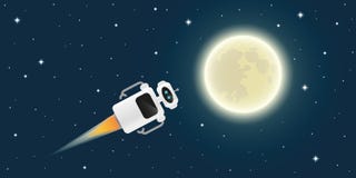 Cute robot is flying to the full moon in space royalty free illustration Cute robot is flying to the full moon in space royalty free illustration