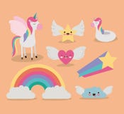 Cute set fantasy elements unicorn rainbow cloud star heart with wings in color background Royalty Free Stock Photography Cute set fantasy elements unicorn rainbow cloud star heart with wings in color background Royalty Free Stock Photography
