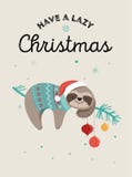 Cute sloths, funny Christmas illustrations with Santa Claus costumes, hat and scarfs, greeting cards set, banner Royalty Free Illustration Cute sloths, funny Christmas illustrations with Santa Claus costumes, hat and scarfs, greeting cards set, banner Royalty Free Illustration