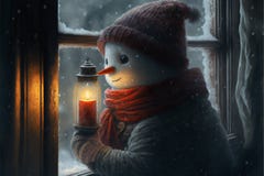 Cute snowman holding candle, looking through window of a home in winter